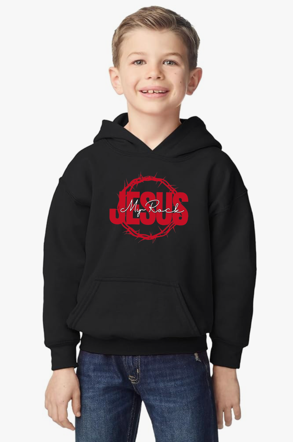 Jesus My Rock Youth Hoodie - Black/Red