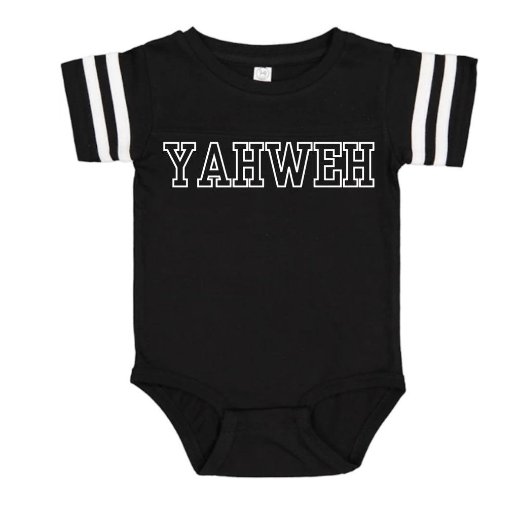 YAHWEH Baby Football Jersey Bodysuit – Black/White
