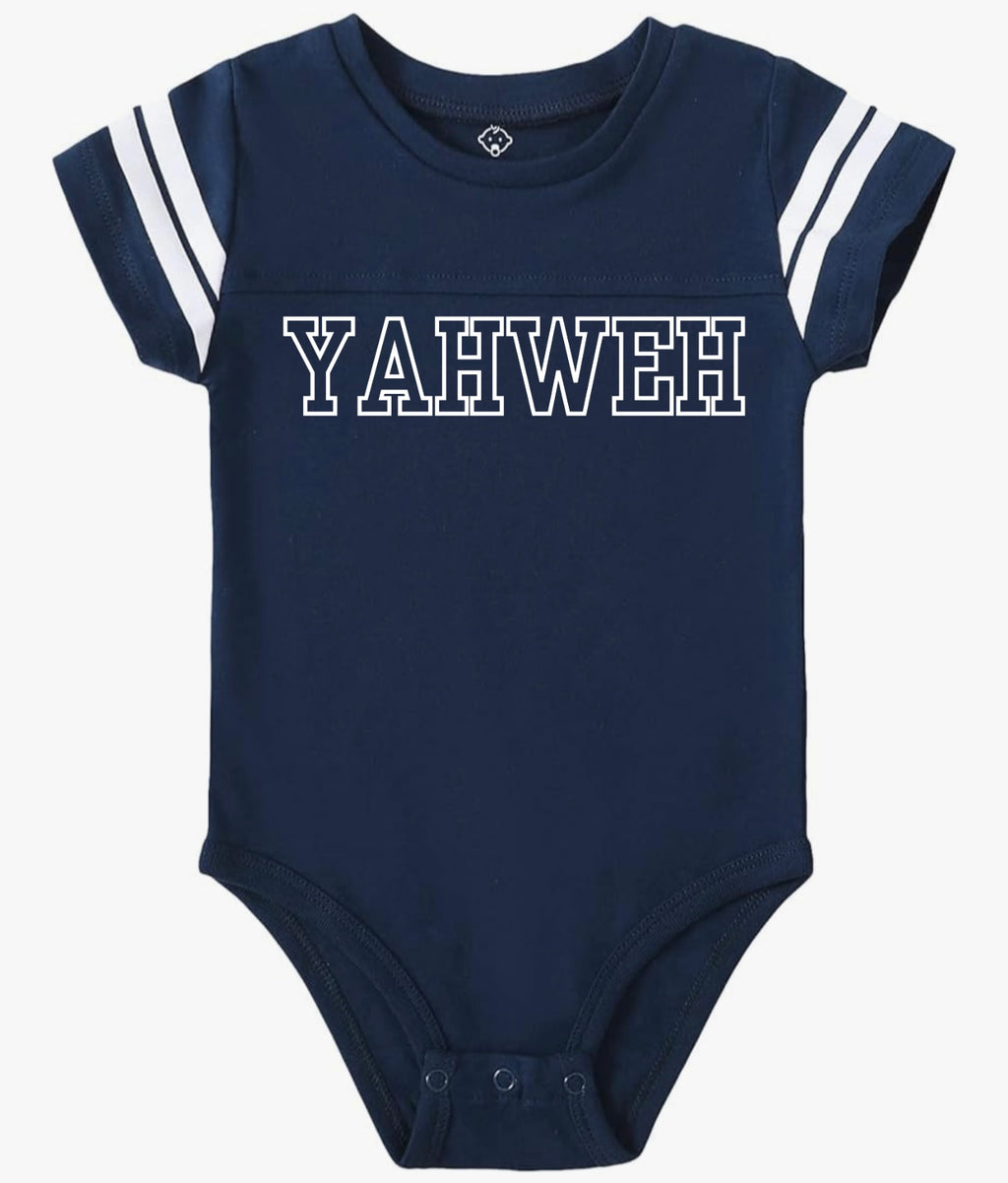 YAHWEH Baby Football Jersey Bodysuit – Navy/White