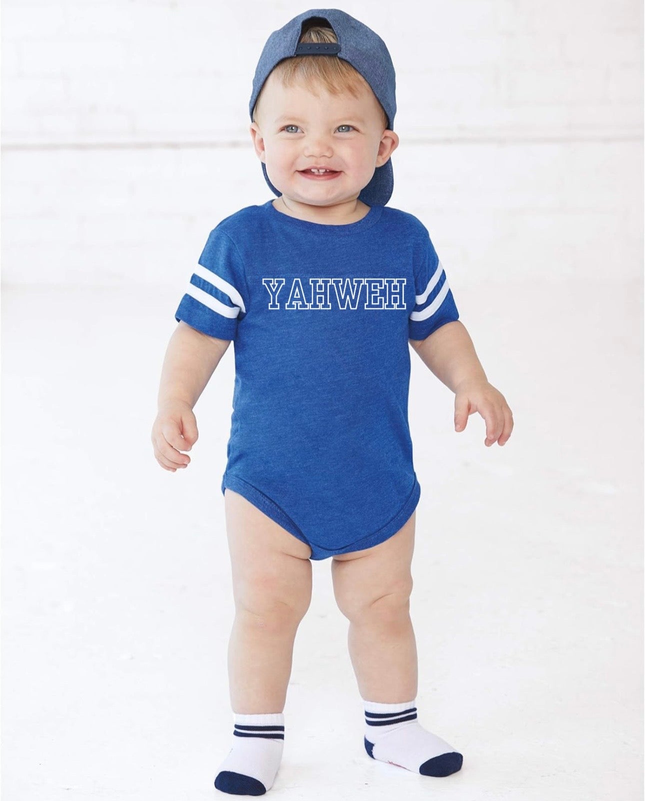 YAHWEH Baby Football Jersey Bodysuit – Vintage Royal Blue/White