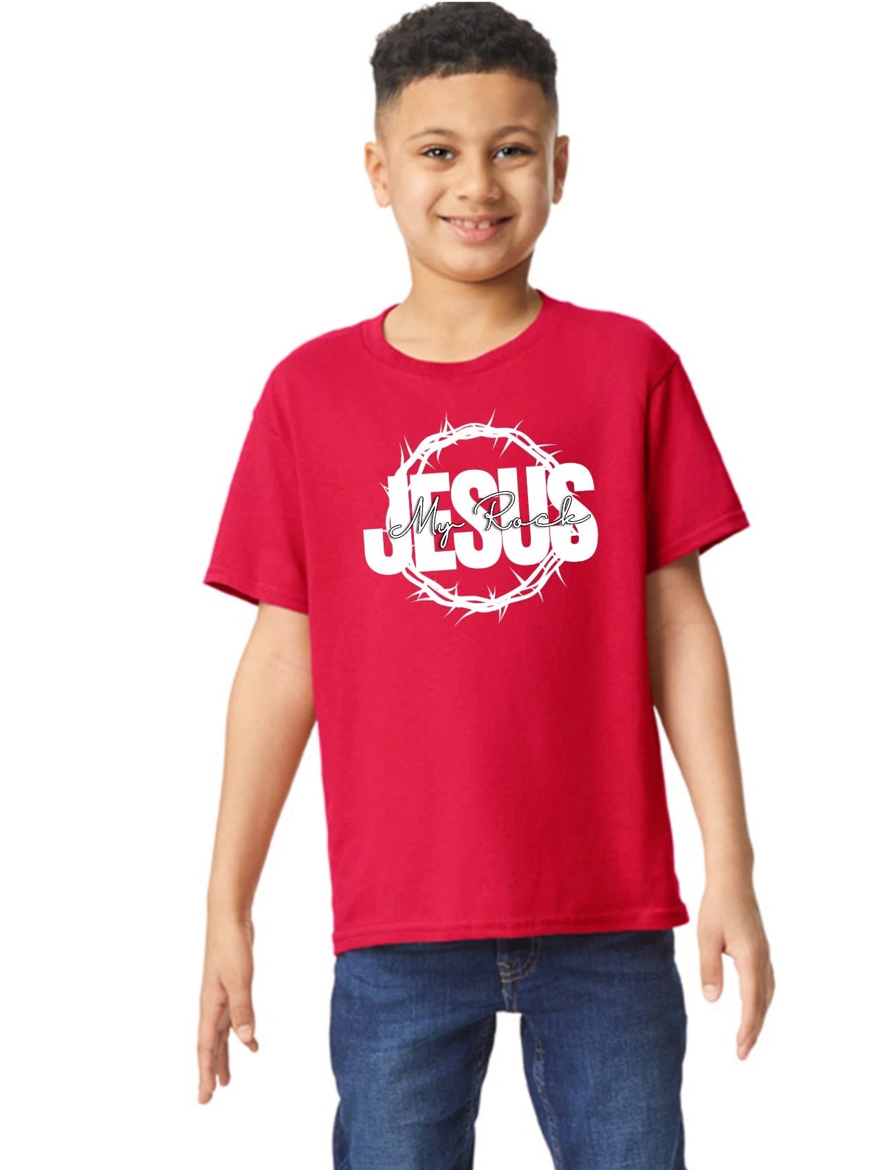 Jesus My Rock Youth Tee – Red/White